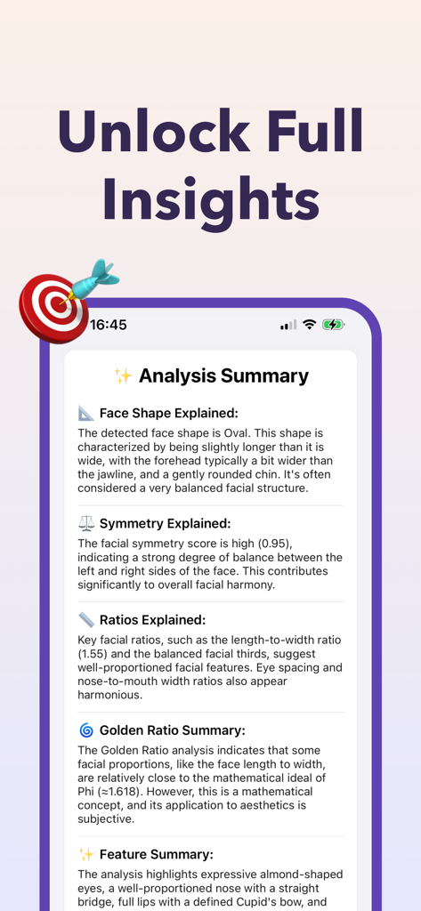 KI-Gesichtsanalysbericht mit Symmetrie- und Gesichtsformdetails