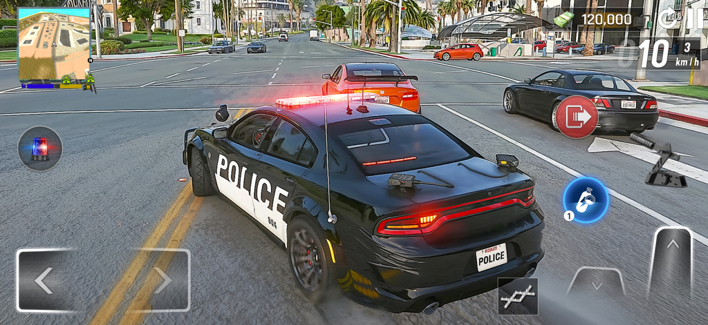 Police Car Chase City Driving - モバイルシミュレーションゲームのオープンシティ環境を走る黒と白のパトカー