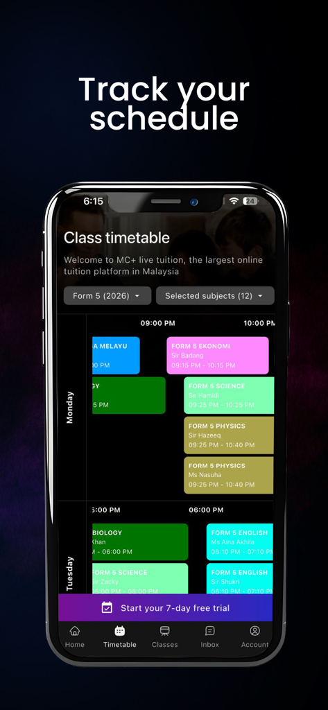 Smartphone screen displaying the MCPLUS app class timetable with color-coded subjects like Science and Physics for Form 5 students