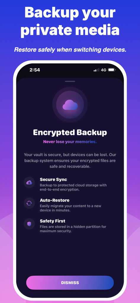 Private Photo & Video Lock - Private Photo and Video Lock app interface for encrypted media backup and restore.