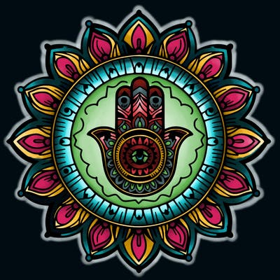 mandala with a hamsa in a center