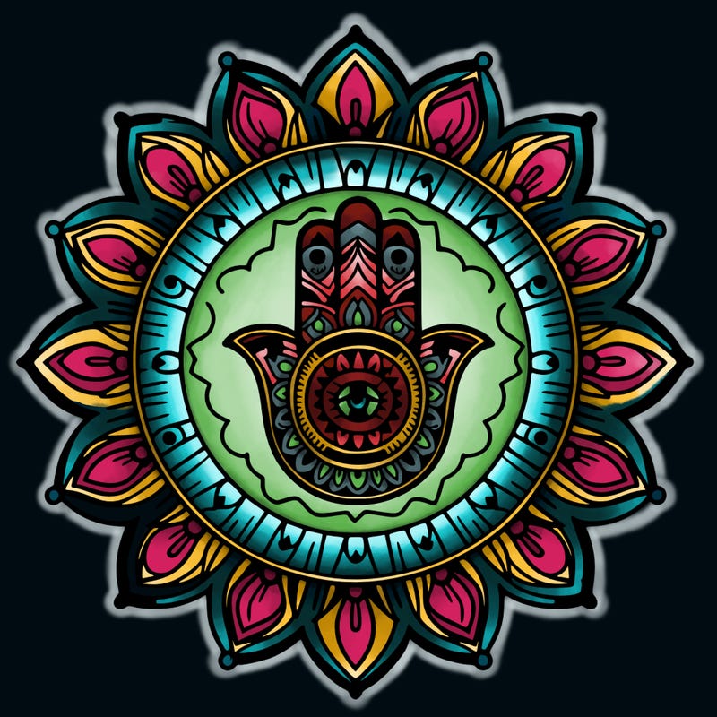 mandala with a hamsa in a center