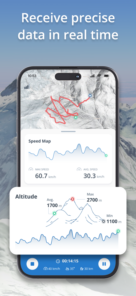 SnowTrack app dashboard showing real time skiing map speed and altitude data