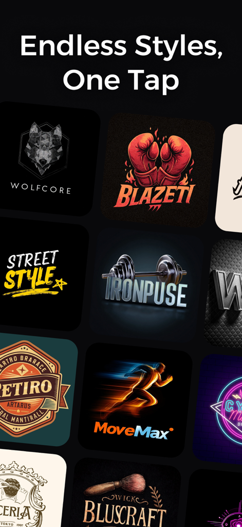 Logo Design: AI Logo Maker - Una colección de diferentes diseños de logos que muestran diversos estilos de una aplicación de marca IA