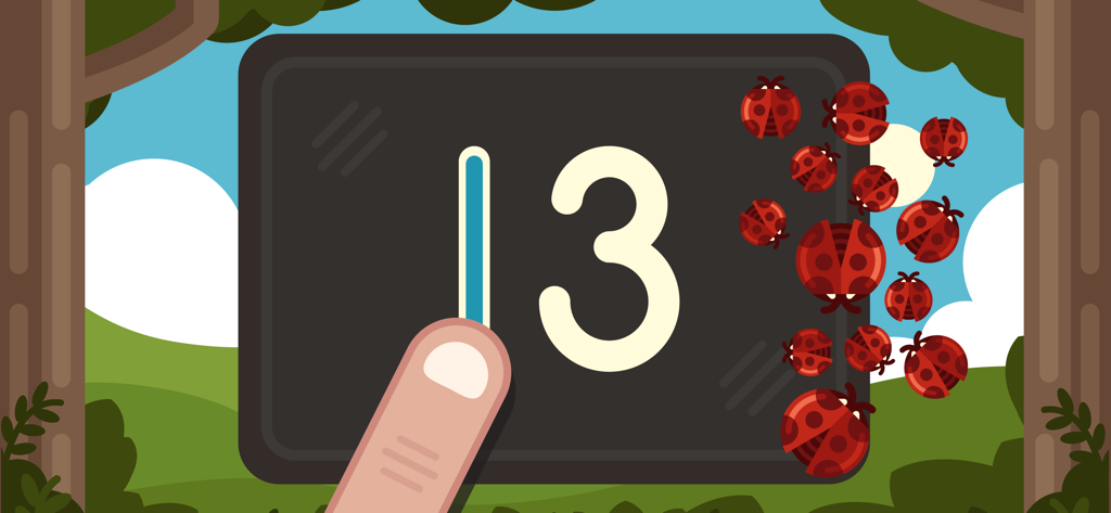 Educational screen from Sprotarnir app showing a finger tracing the number 13 with ladybugs