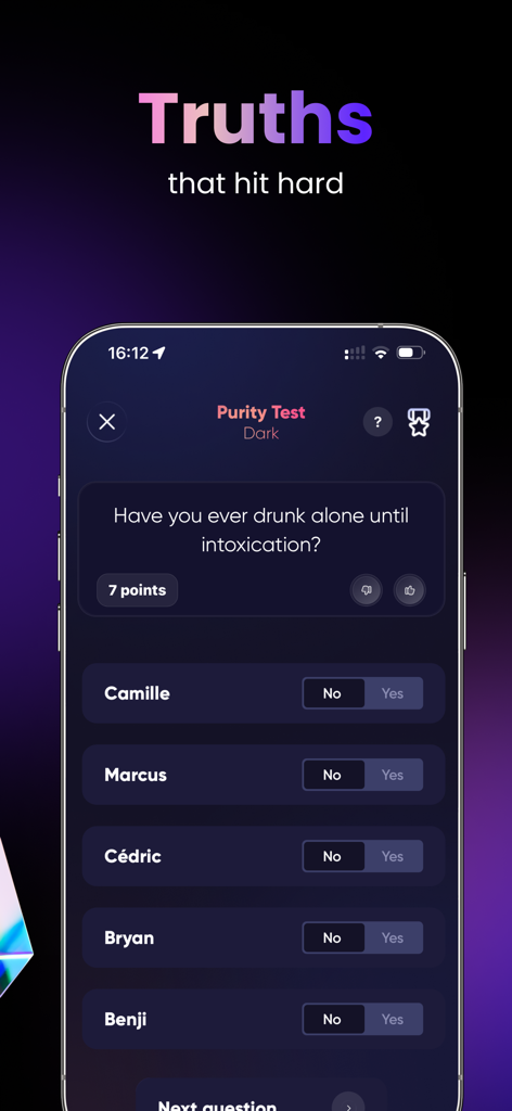 Sombre soirée - Party Games - Screenshot of the Purity Test interface in the Sombre Soiree app showing a group question with yes or no player toggles.