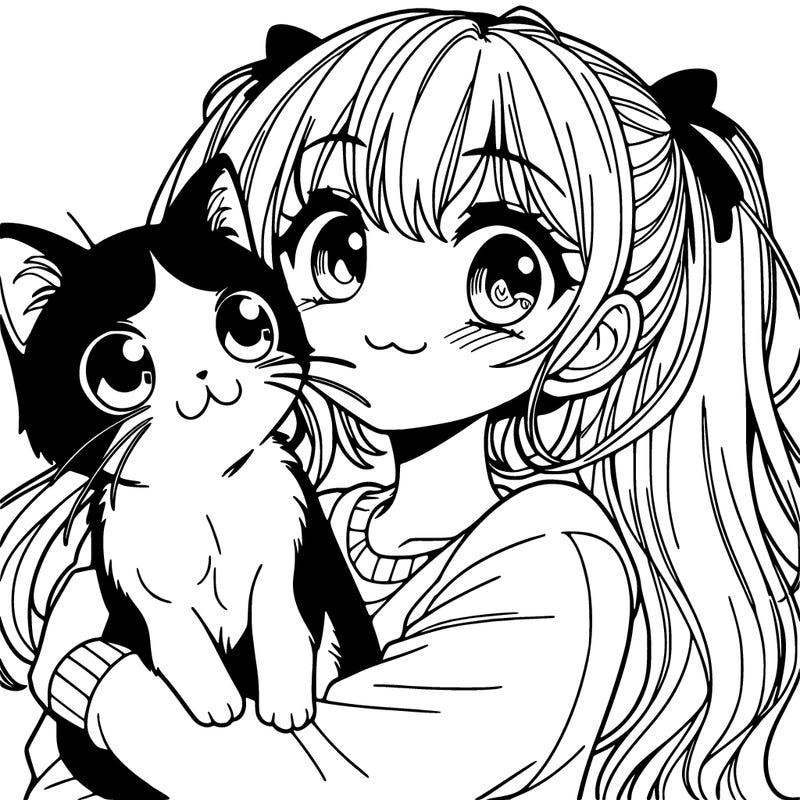 manga style girl with cat