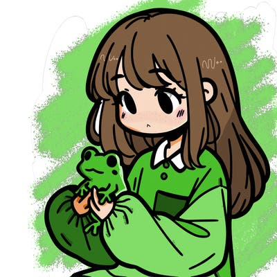 girl with long hair and a oversized shirt. and she is holding a frog