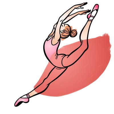 gymnast doing a leap in a leotard with a bent back leg