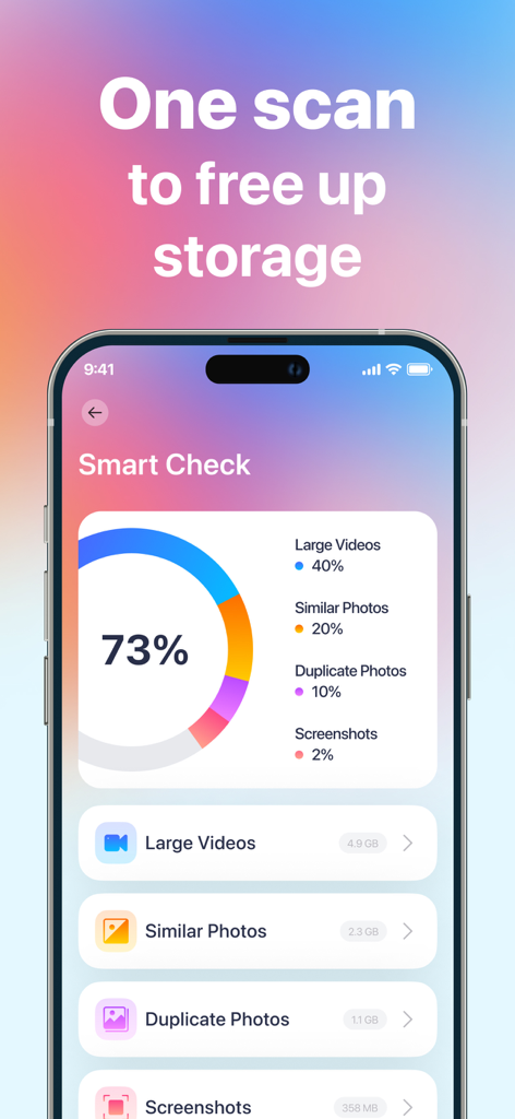 Interfaz de comprobación inteligente de la aplicación limpiadora Purix que muestra el desglose del almacenamiento de fotos y videos