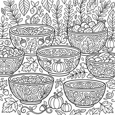 Embrace the cozy vibes of autumn with this beautifully detailed coloring page, perfect for teens. Discover a charming arrangement of decorative bowls overflowing with seasonal treats, set against a backdrop of fall foliage.
