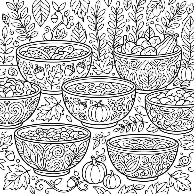 Embrace the cozy vibes of autumn with this beautifully detailed coloring page, perfect for teens. Discover a charming arrangement of decorative bowls overflowing with seasonal treats, set against a backdrop of fall foliage.