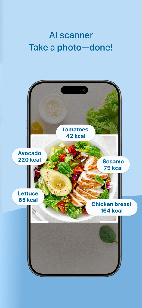 Fddb AI food scanner identifying ingredients and calorie counts from a photo of a chicken and avocado salad