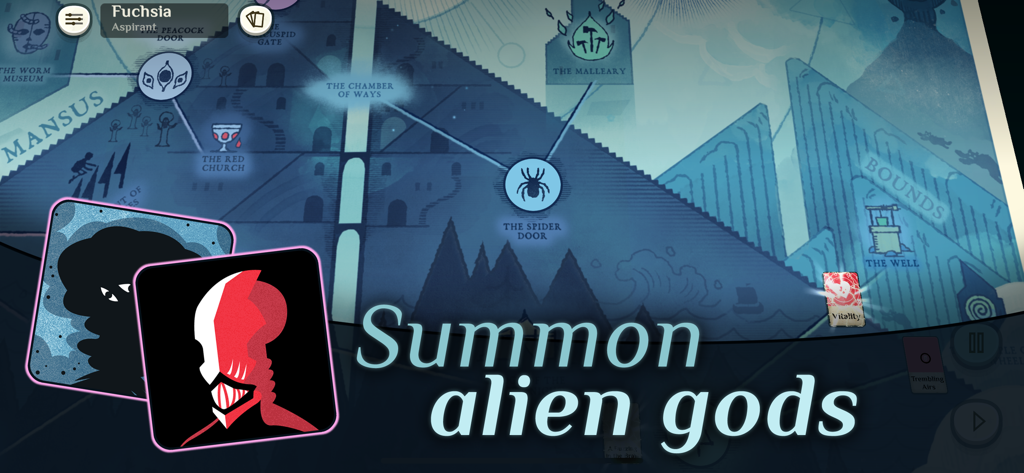 A gameplay screenshot of Cultist Simulator showing character cards and an occult map interface with the text Summon alien gods.