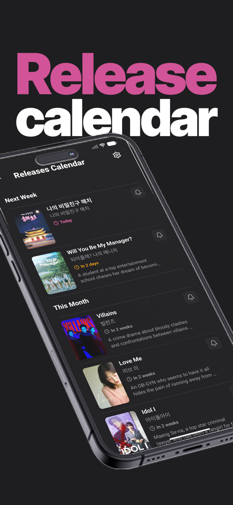 K-Drama Hub - Interfaz de la aplicación K-Drama Hub que muestra un calendario de lanzamientos para próximos dramas coreanos.