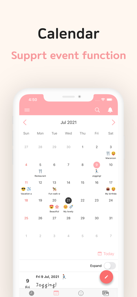 DailyLife - Diary, Journal - Monthly calendar view of the DailyLife diary app showing daily entries with icons and mood trackers