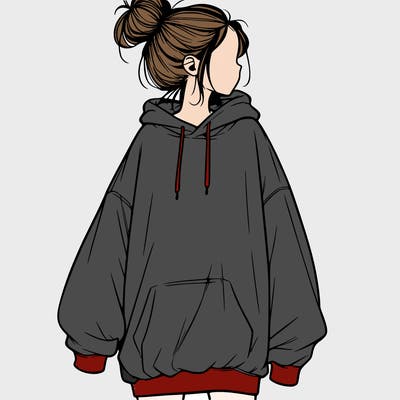 realistic girl with a oversized sweatshirt on and a bun