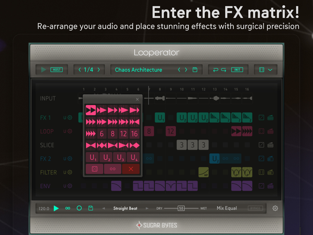Looperator - Sugar Bytes Looperator App-Oberfläche, die die FX-Matrix und Audio-Processing-Tools auf einem iPad zeigt
