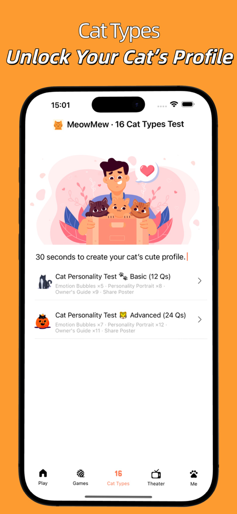 MeowMew - Cat Personality Test - Tela do aplicativo MeowMew mostrando opções de teste de personalidade de gato para desbloquear um perfil de gato