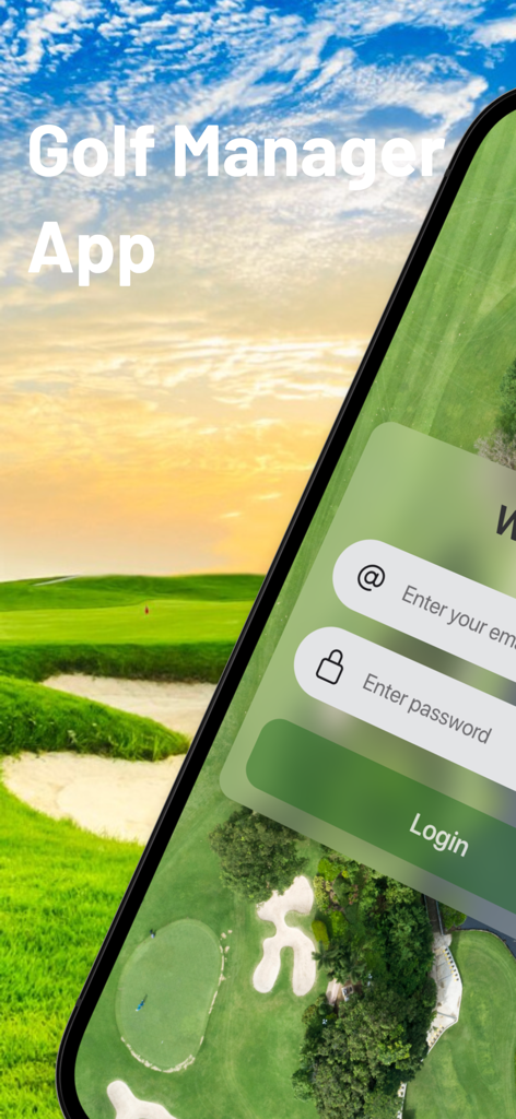 Pantalla de inicio de sesión de la App Golf Manager que muestra los campos de correo electrónico y contraseña sobre un fondo escénico de campo de golf