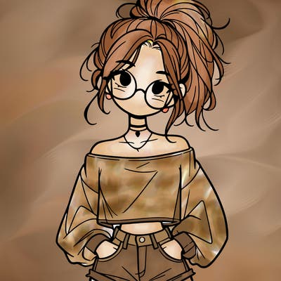 girl with a messy ponytail glasses a baggy crop top and jean shorts