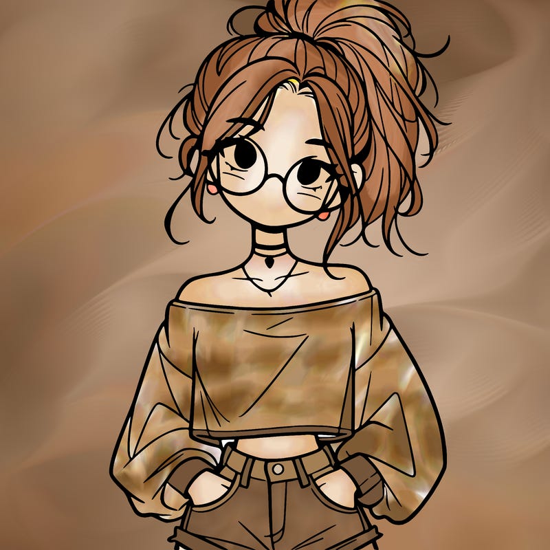 girl with a messy ponytail glasses a baggy crop top and jean shorts