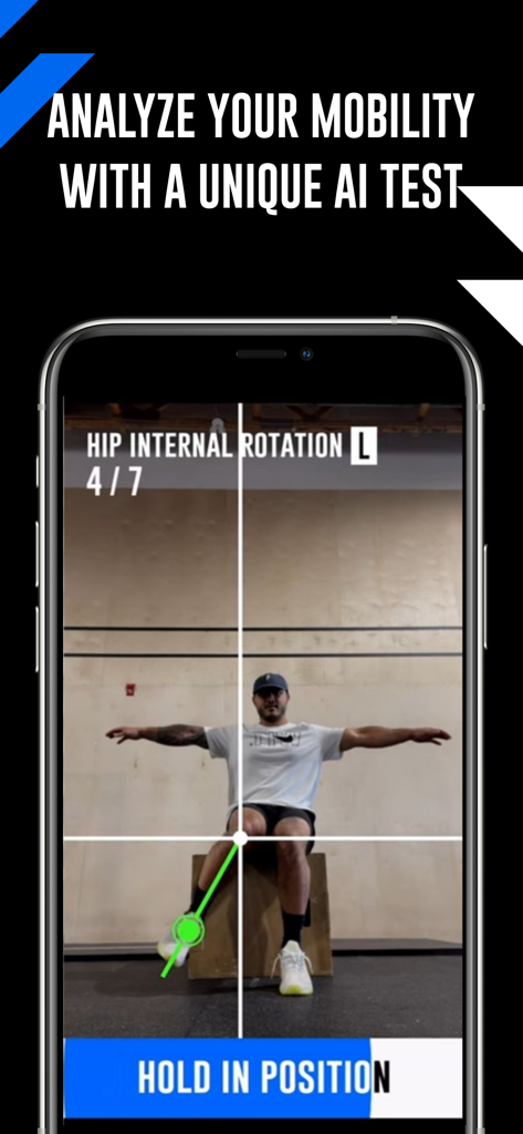 WODProof app mobile interface showing a user performing an AI powered hip internal rotation mobility test