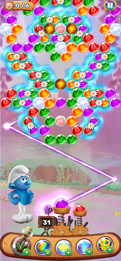 Smurf character aiming a purple beam at colorful bubbles in a puzzle level