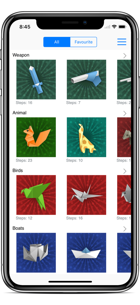 Origami Creator: Fold & Learn - A mobile interface of Origami Creator displaying categories for animals, birds, and boats with project step counts.