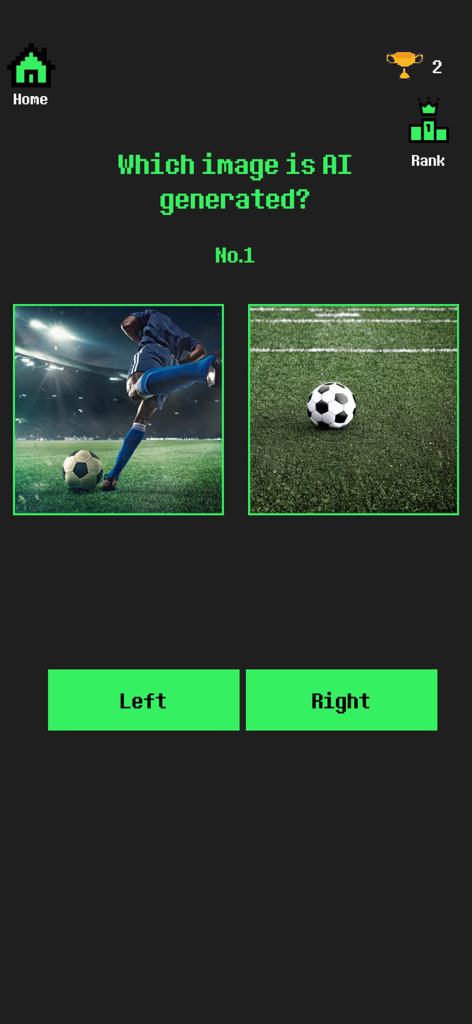 Una captura de pantalla del juego Humano o IA que muestra un cuestionario donde el usuario debe elegir qué imagen de fútbol está generada por IA.