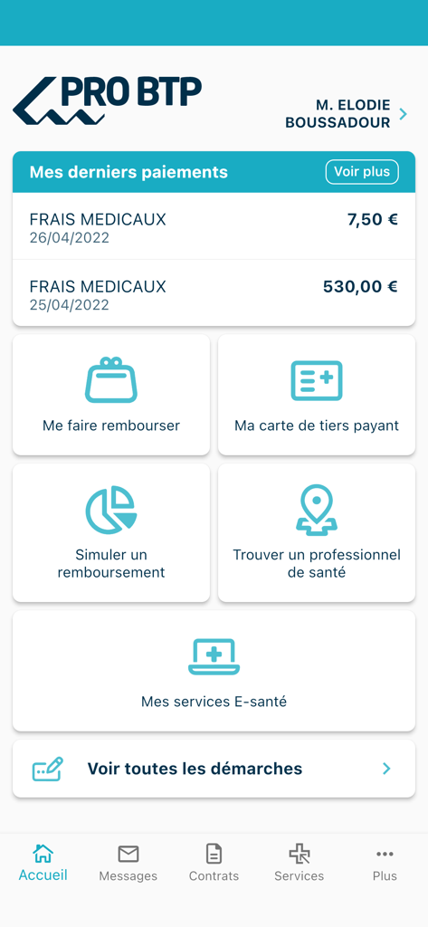 Tableau de bord de l'application d'assurance maladie PRO BTP Santé affichant les paiements et services récents