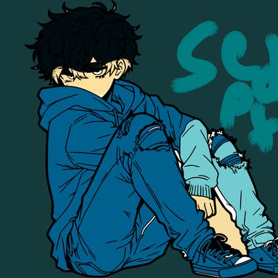 a male hoddie ripped jeans messy hair anime