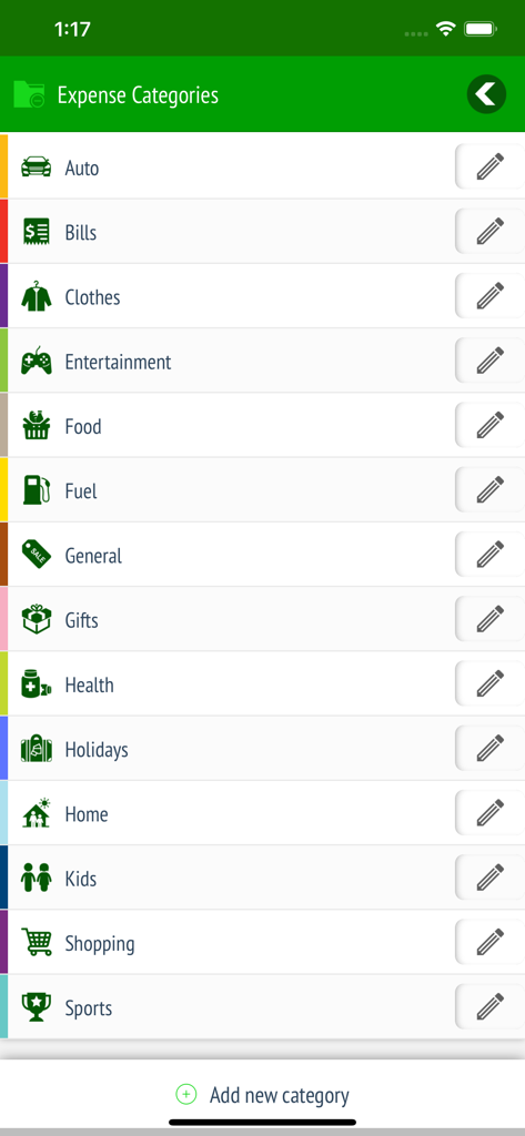 A list of expense categories like bills food and health in the Expense Tracker and Manager app