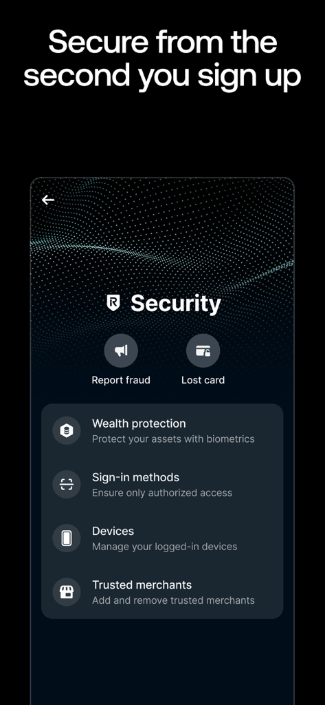Revolut Business app security dashboard showing fraud reporting and wealth protection settings