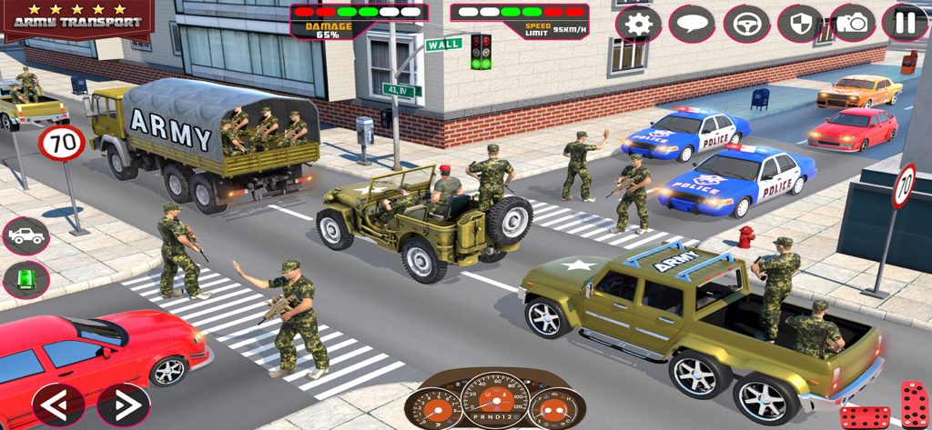 Army Transport Truck Sim 3D - 3D simulation gameplay showing military trucks, police cars, and soldiers on a city street