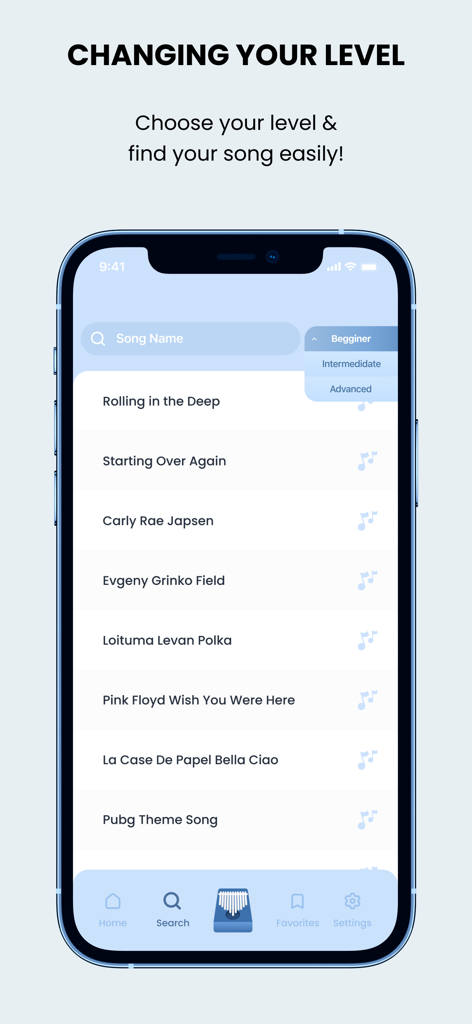 Kalimba Lessons: Learn & Play - Kalimba lessons app screen showing song list and difficulty level selection