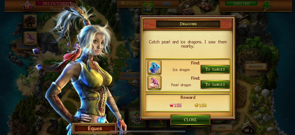 Mahjong Island - Tile Match - Personaje Eques mostrando una misión de búsqueda de dragones en Mahjong Island Tile Match.