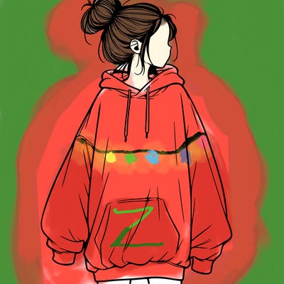 realistic girl with a oversized sweatshirt on and a bun