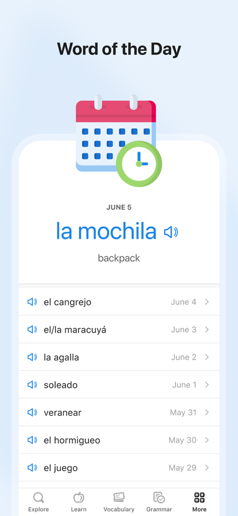 SpanishDictionary.com Learning - SpanishDictionary app interface displaying the Word of the Day feature with the Spanish word la mochila