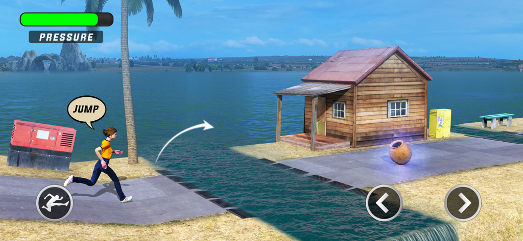 Toilet Rush 3D:Run To Bathroom - プレッシャーバーが増加する中、木造の家に向かうために水を飛び越えてジャンプするキャラクターを示したトイレラッシュ3Dのゲームプレイ