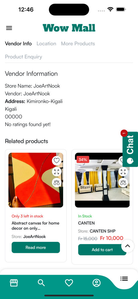 Wow_Mall - Screenshot of the Wow Mall app showing vendor information for JoeArtNook in Kigali along with related home decor products