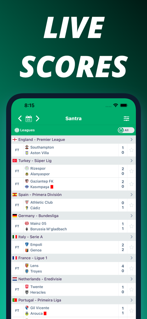 Santra app showing live soccer match results and global league scores