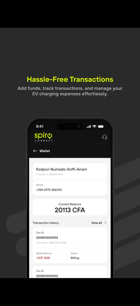 Spiro Connect app wallet screen displaying current balance and transaction history for electric vehicle charging expenses