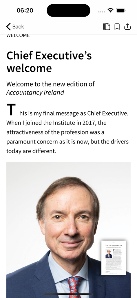 Accountancy Ireland - Screenshot of the Chief Executive welcome article in the Accountancy Ireland mobile app