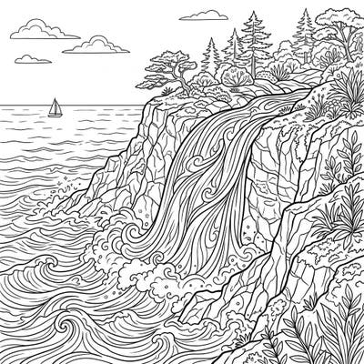 This intricate coloring page captures the breathtaking beauty of a coastal waterfall, perfect for teens seeking a relaxing and engaging art project. Immerse yourself in the detailed flow of water and dramatic cliffs, bringing this vibrant nature scene to life with your unique palette.