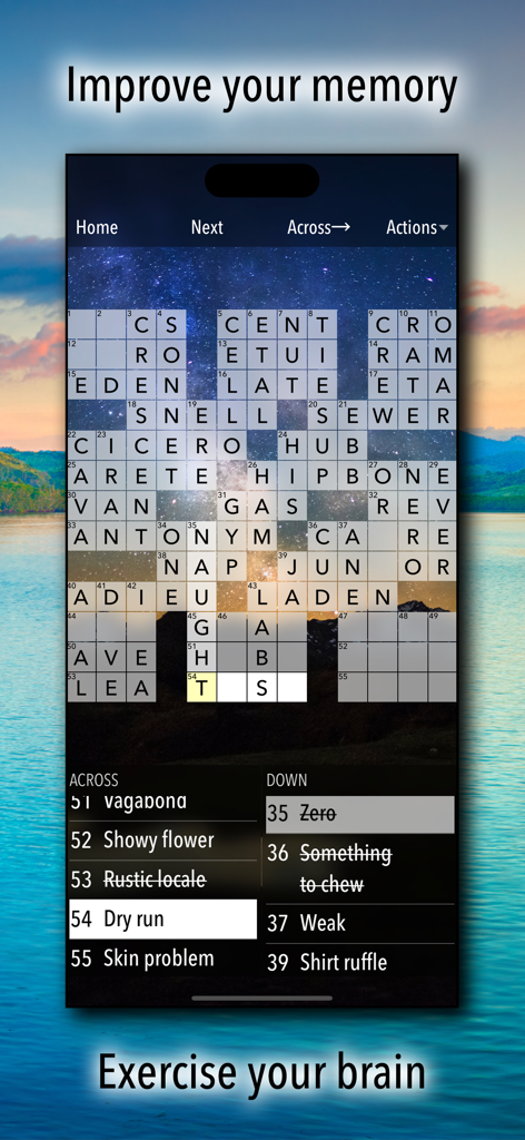 Crossword Puzzles! - Mobile crossword puzzle game interface with a scenic travel background and brain training text