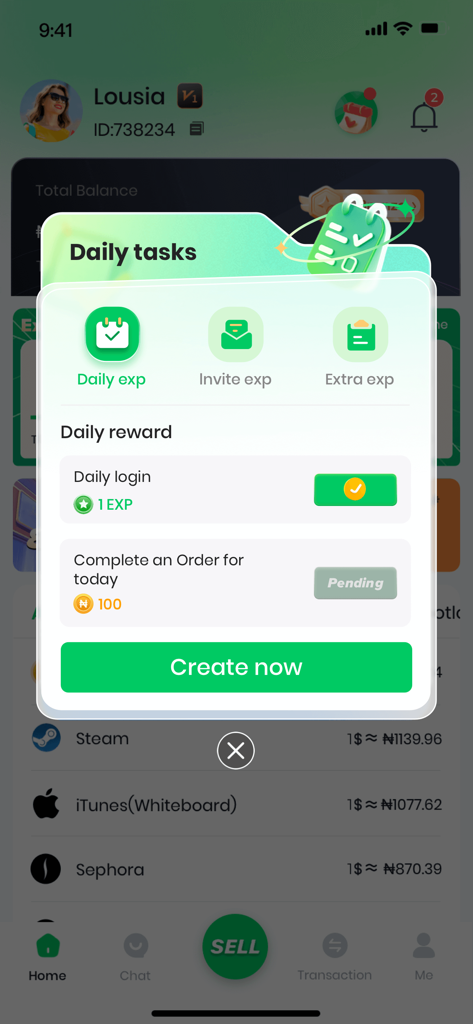 CardBrother - Sell Gift Cards - Écran de l'application CardBrother montrant les tâches quotidiennes et les récompenses pour la vente de cartes-cadeaux