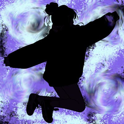 realistic girl jumping with a bun and oversized sweatshirt