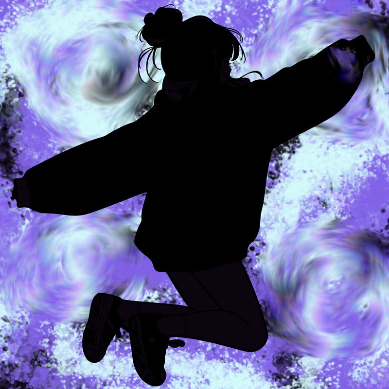 realistic girl jumping with a bun and oversized sweatshirt