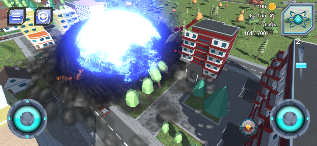 A large blue nuclear explosion destroying buildings in the Total City Smash mobile game.